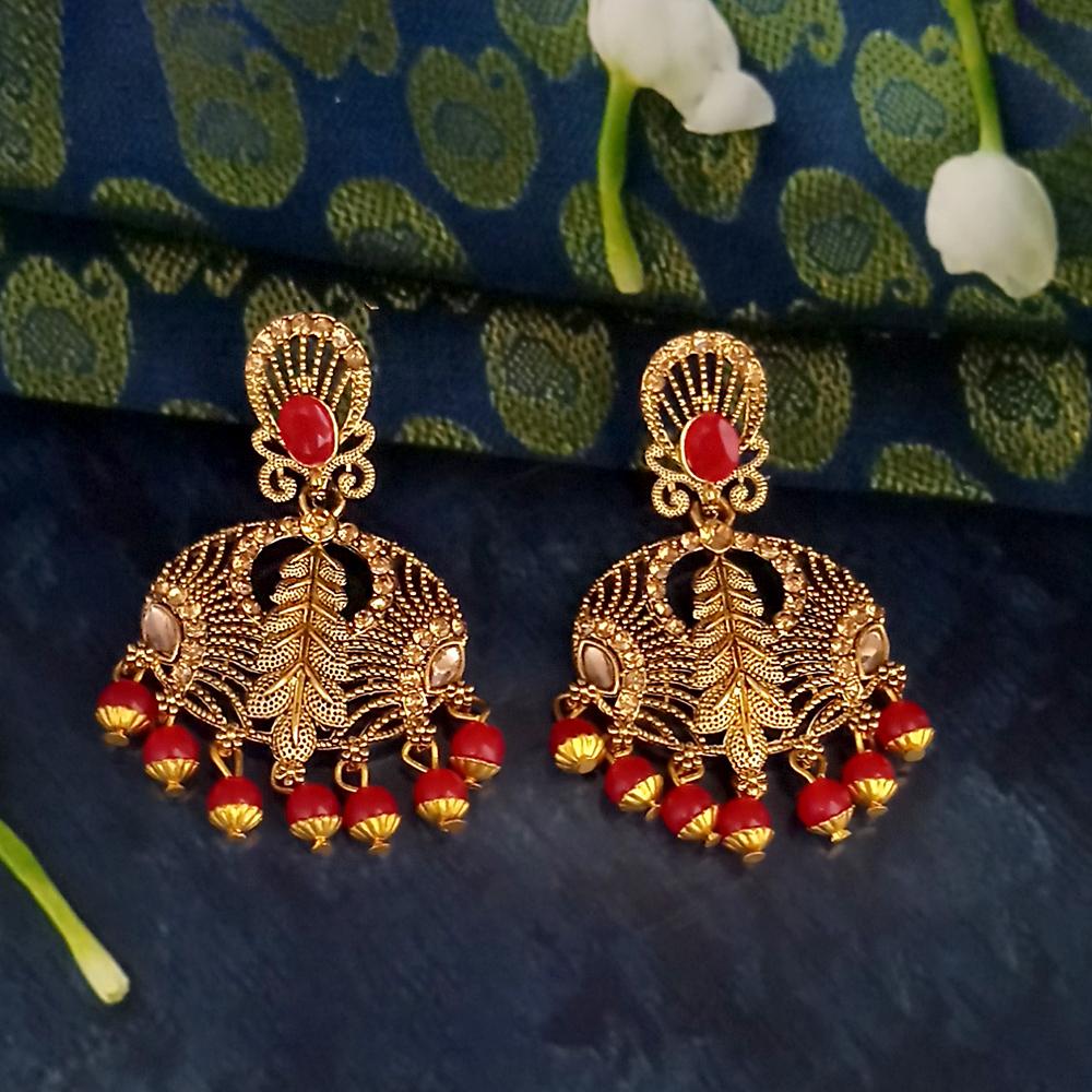 JD Arts Antique Gold Plated Kundan Red Beads Dangler Earrings - 1317627B