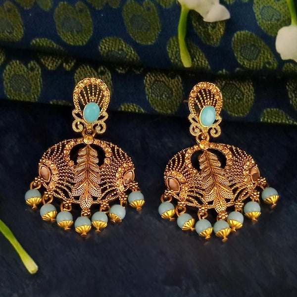 JD Arts Antique Gold Plated Kundan Blue Beads Dangler Earrings - 1317627E