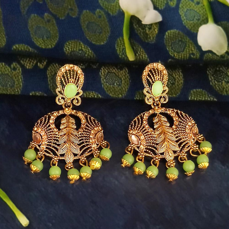 JD Arts Antique Gold Plated Kundan Green Beads Dangler Earrings - 1317627G