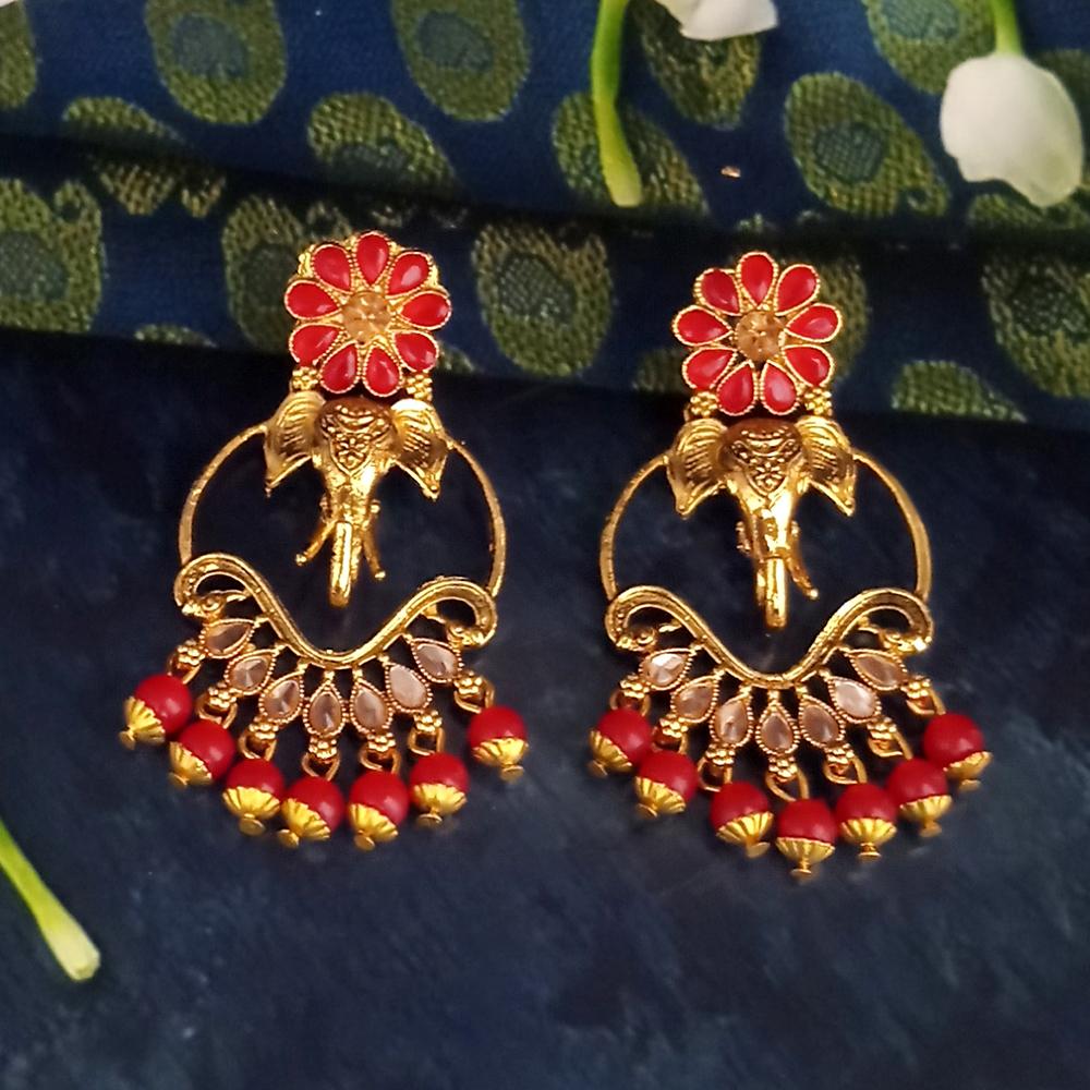 JD Arts Antique Gold Plated Kundan Red Beads Dangler Earrings - 1317628B