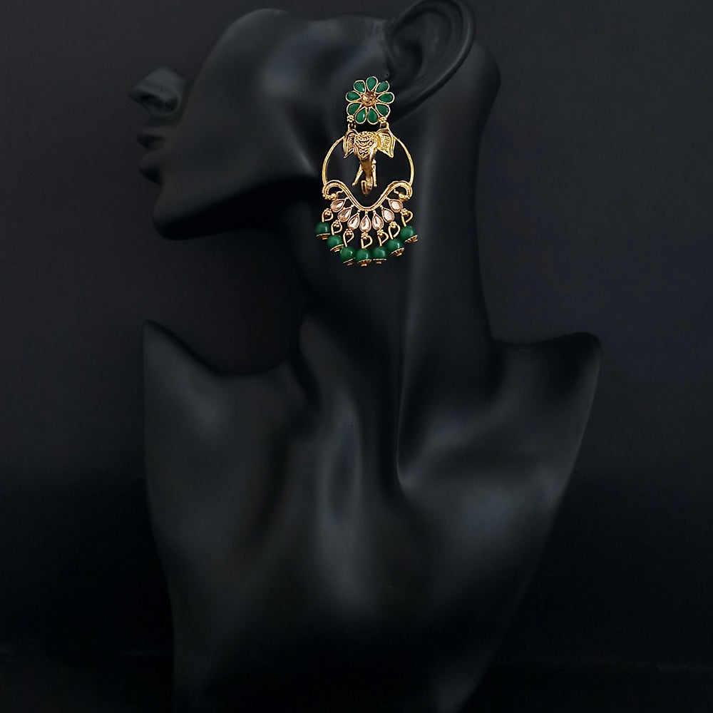 JD Arts Antique Gold Plated Kundan Green Beads Dangler Earrings