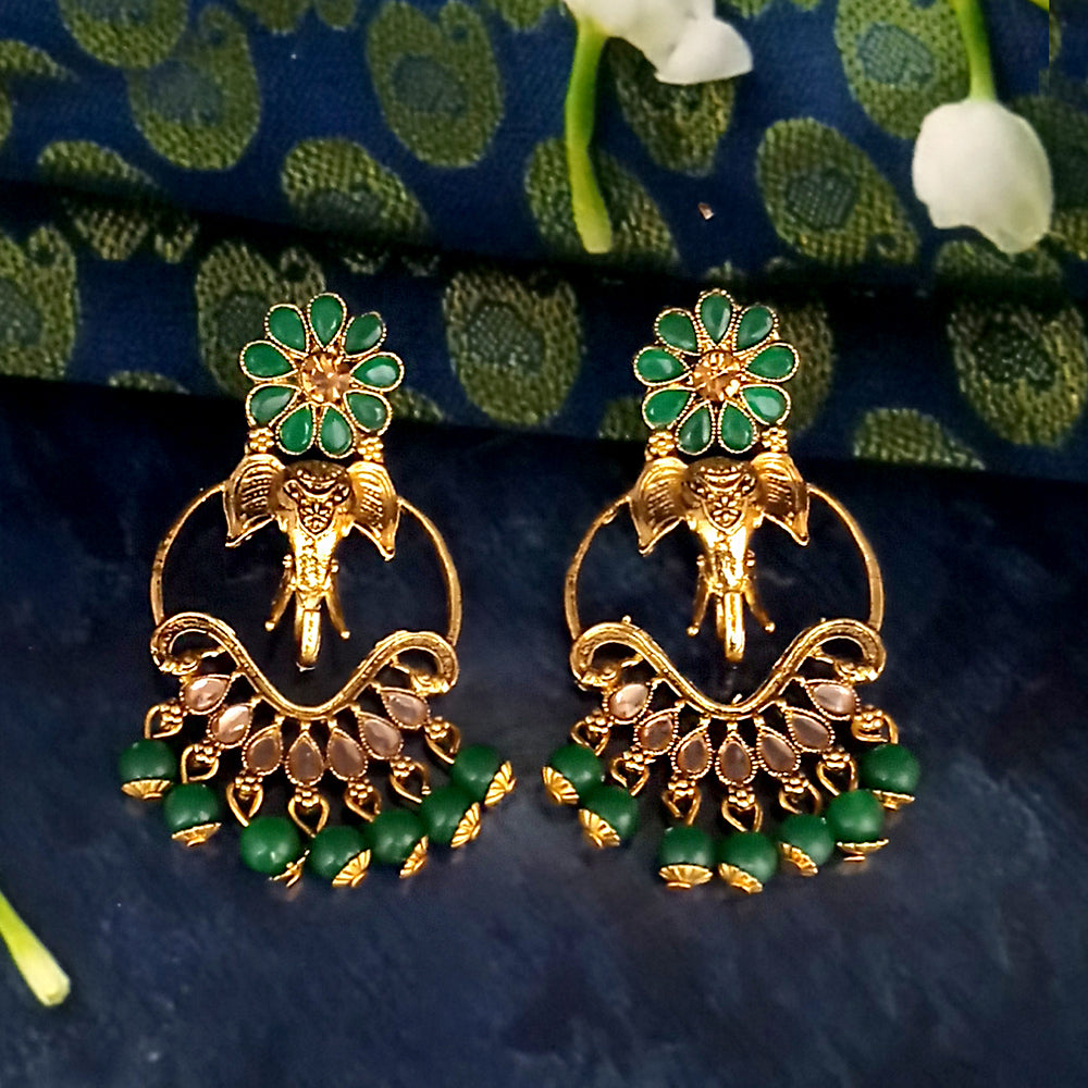 JD Arts Antique Gold Plated Kundan Green Beads Dangler Earrings