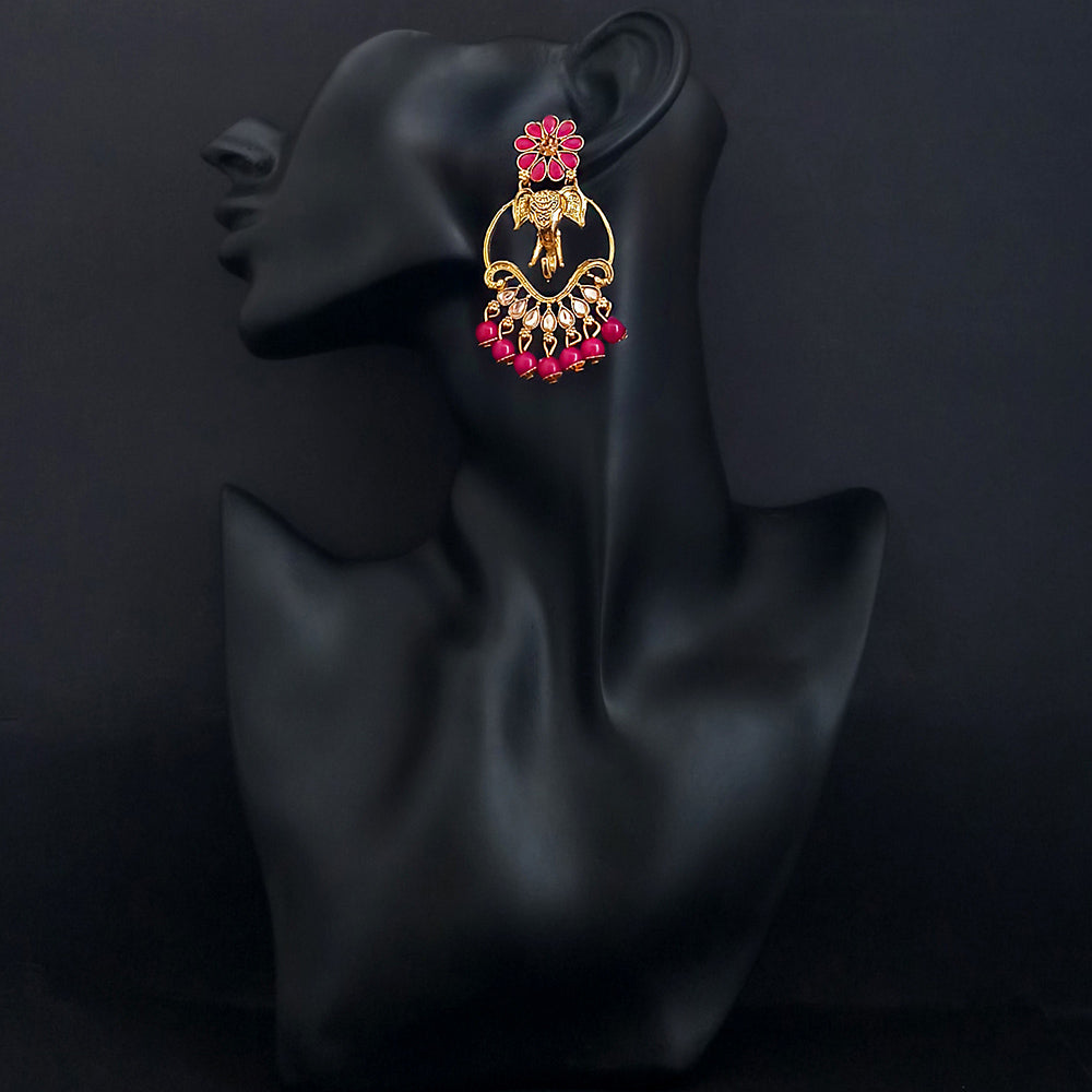 JD Arts Antique Gold Plated Kundan Pink Beads Dangler Earrings