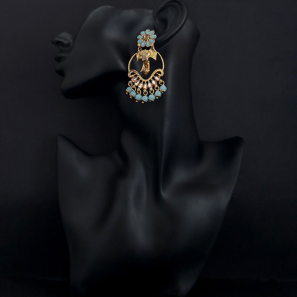 JD Arts Antique Gold Plated Kundan Blue Beads Dangler Earrings