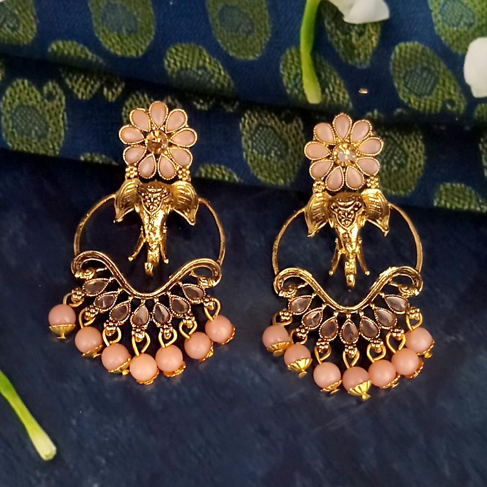 JD Arts Antique Gold Plated Kundan Peach Beads Dangler Earrings - 1317628F