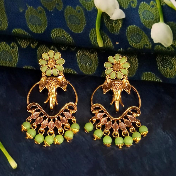 JD Arts Antique Gold Plated Kundan Green Beads Dangler Earrings - 1317628G