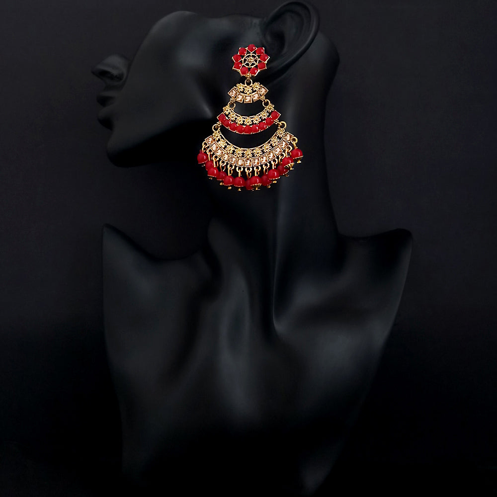 JD Arts Antique Gold Plated Kundan Red Beads Dangler Earrings