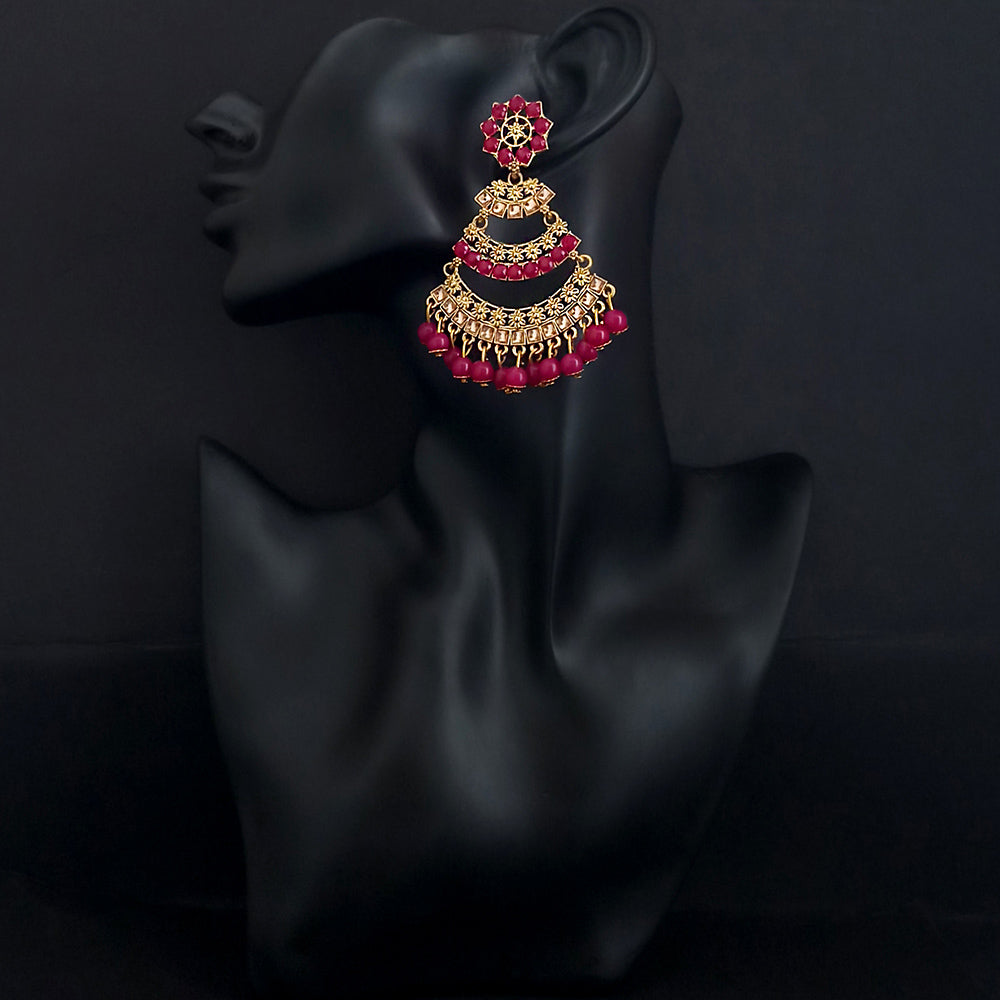 JD Arts Antique Gold Plated Kundan Pink Beads Dangler Earrings