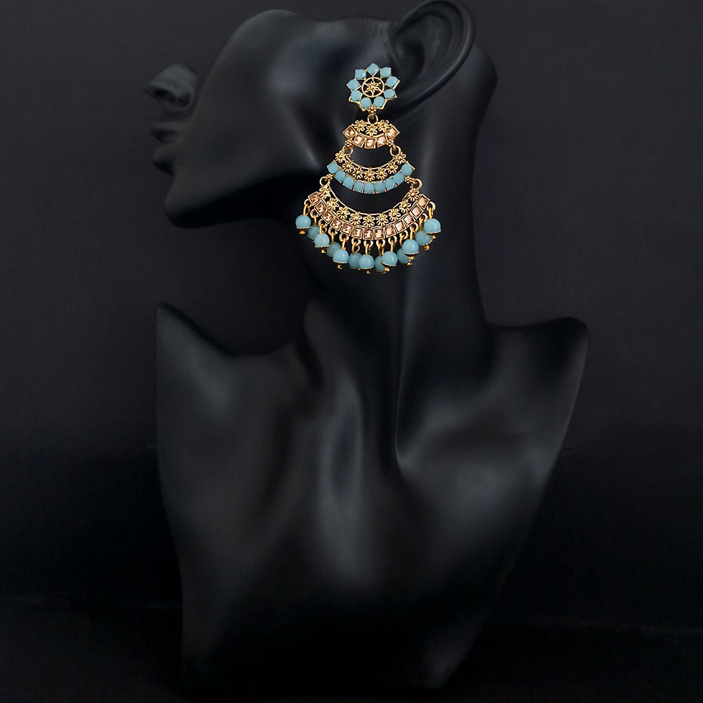JD Arts Antique Gold Plated Kundan Blue Beads Dangler Earrings