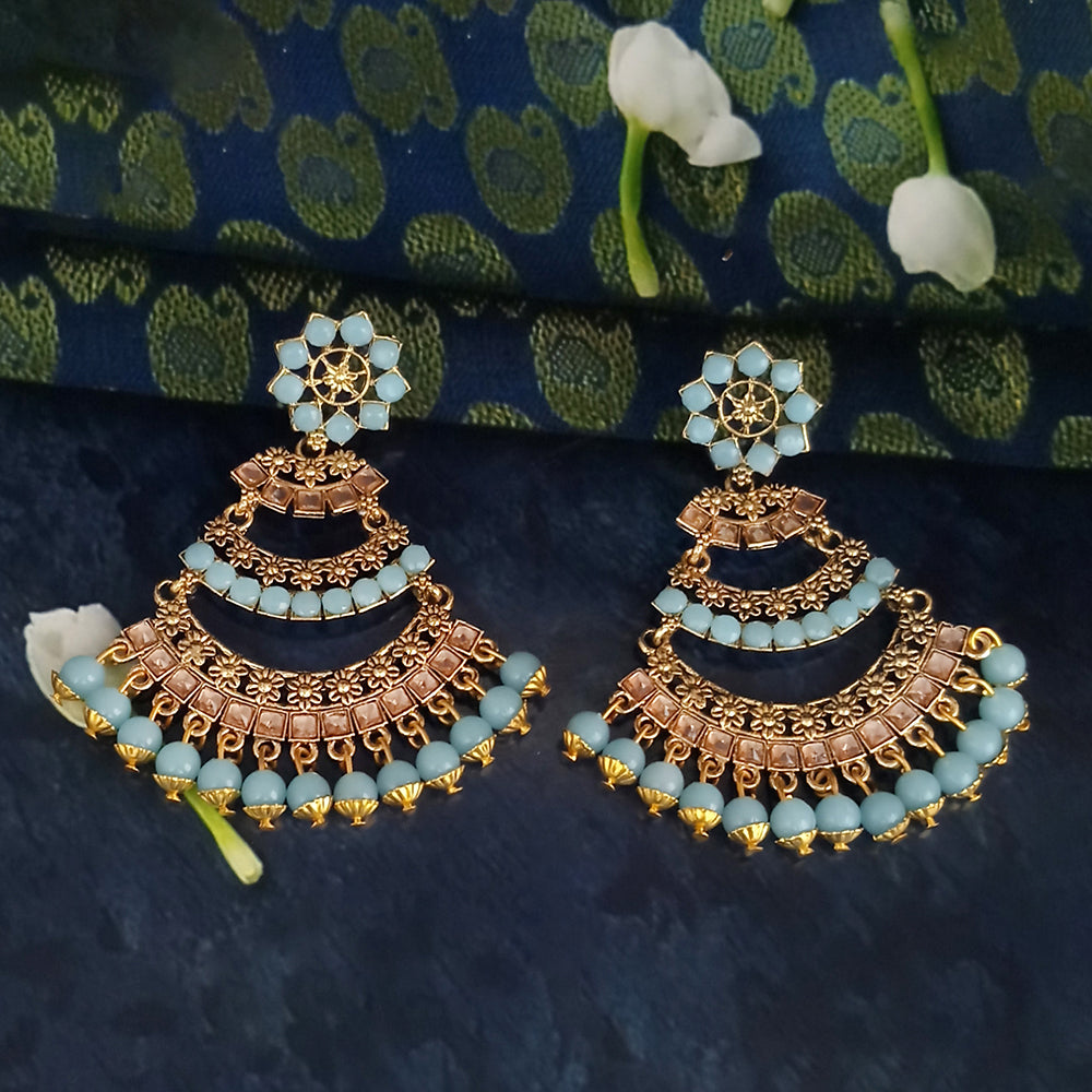 JD Arts Antique Gold Plated Kundan Blue Beads Dangler Earrings