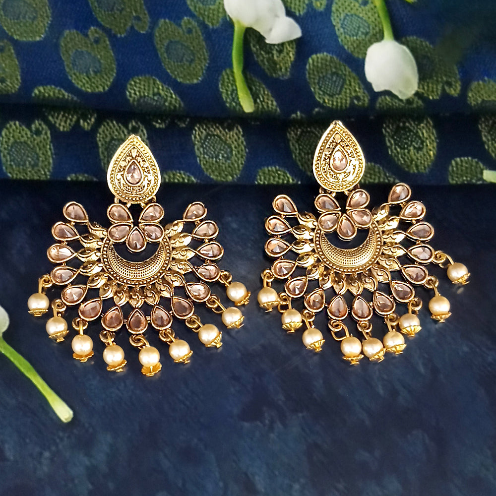 JD Arts Antique Gold Plated Brown Kundan Dangler Earrings