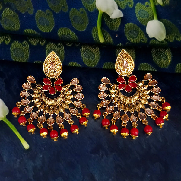 JD Arts Antique Gold Plated Kundan Red Beads Dangler Earrings