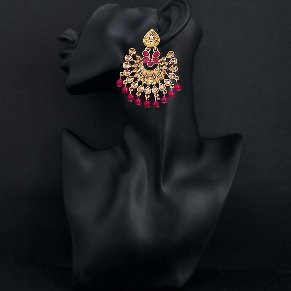 JD Arts Antique Gold Plated Kundan Pink Beads Dangler Earrings
