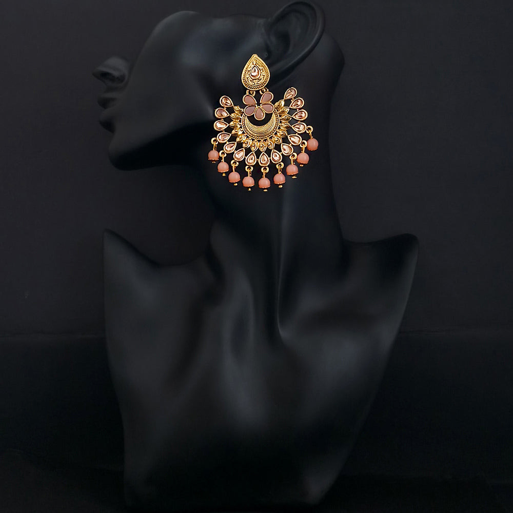JD Arts Antique Gold Plated Kundan Peach Beads Dangler Earrings