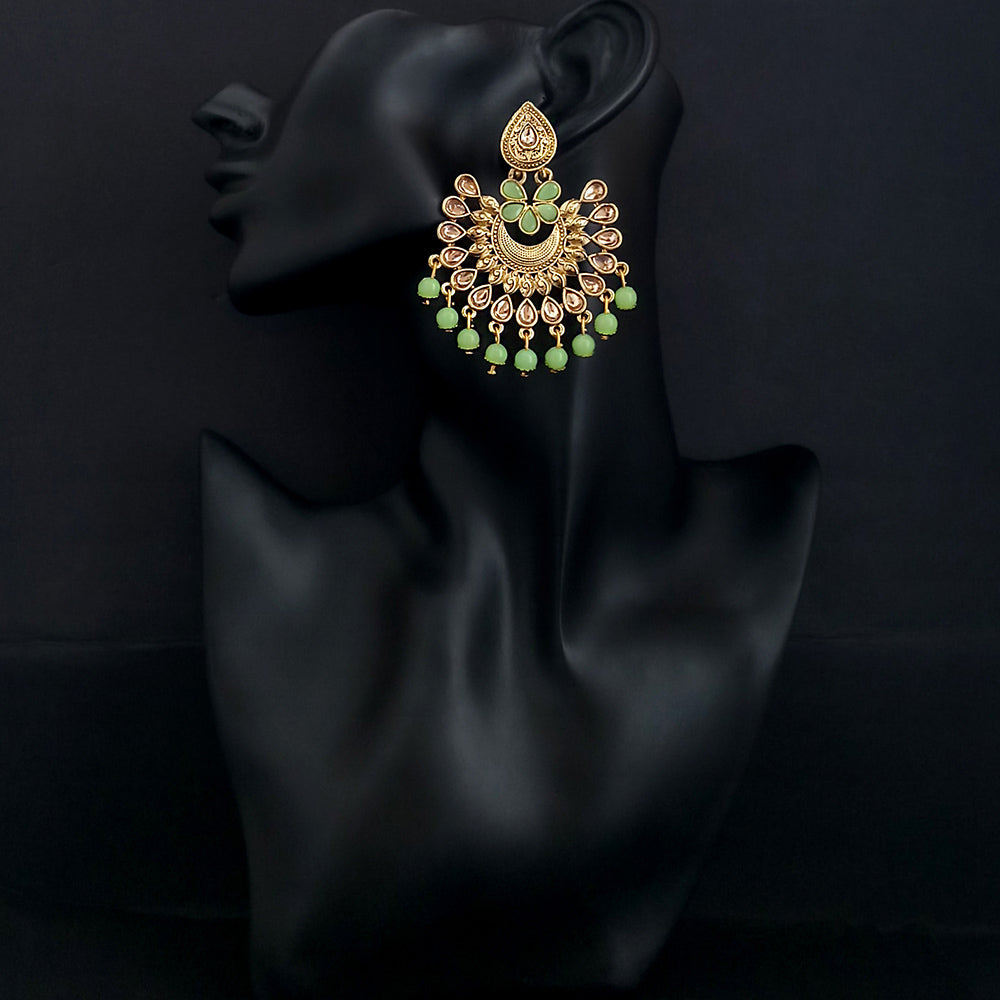 JD Arts Antique Gold Plated Kundan Green Beads Dangler Earrings