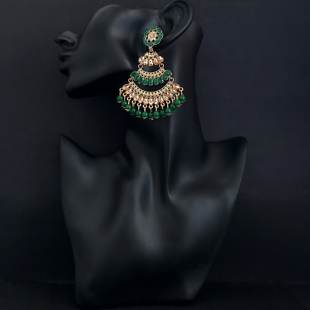 JD Arts Antique Gold Plated Kundan Green Beads Dangler Earrings