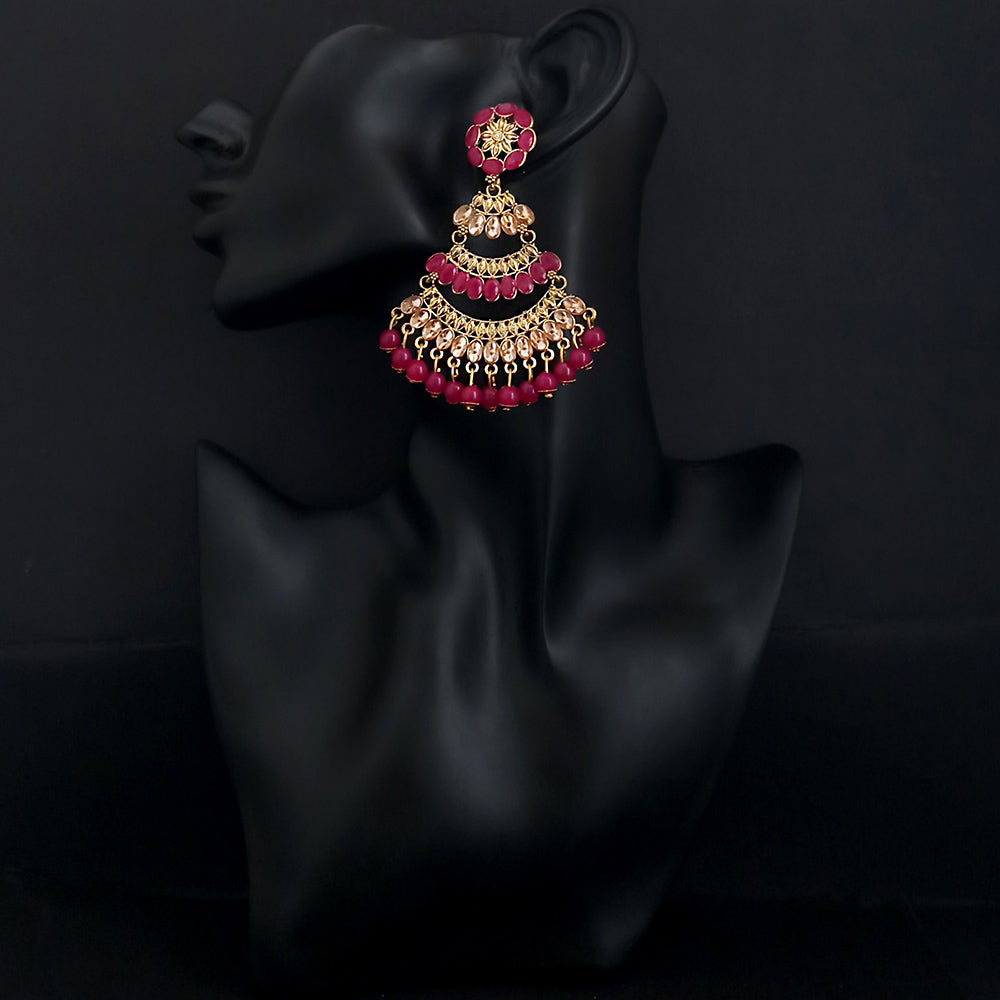 JD Arts Antique Gold Plated Kundan Pink Beads Dangler Earrings