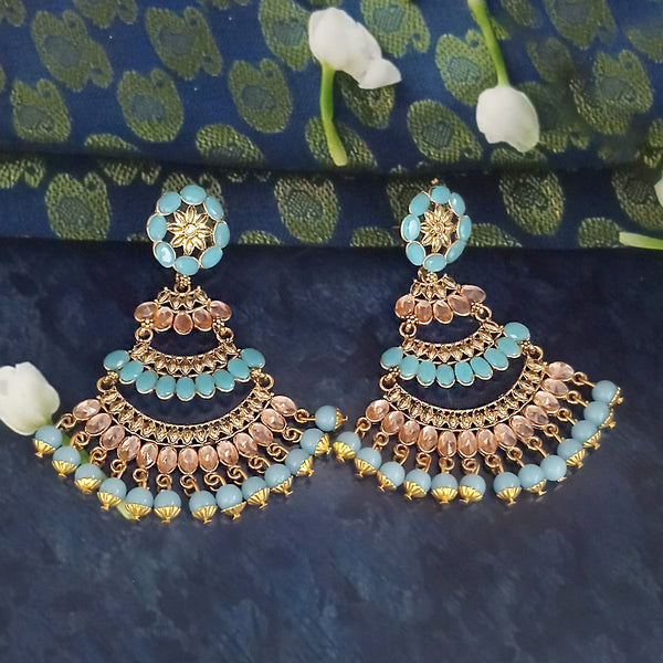 JD Arts Antique Gold Plated Kundan Blue Beads Dangler Earrings