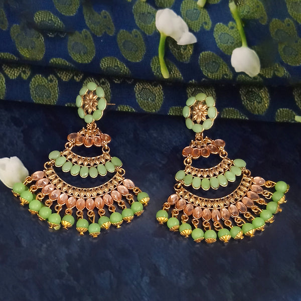 JD Arts Antique Gold Plated Kundan Green Beads Dangler Earrings