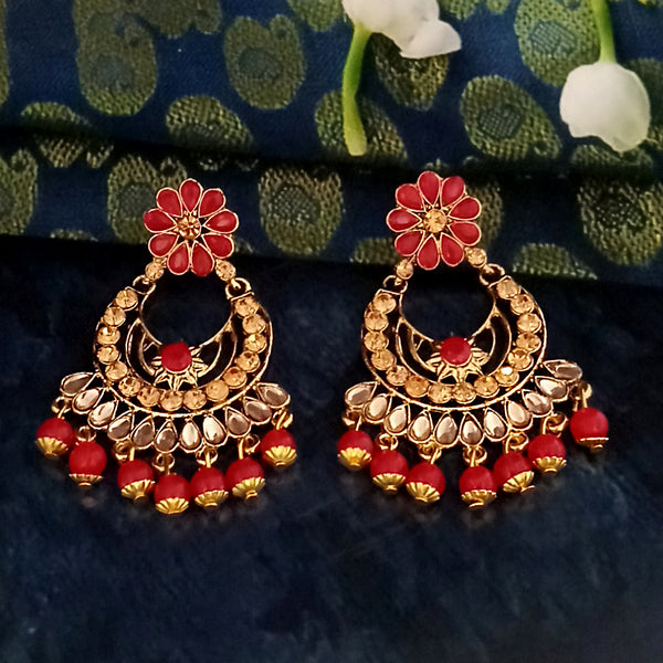 JD Art Gold Plated Red Kundan Dangler Earrings