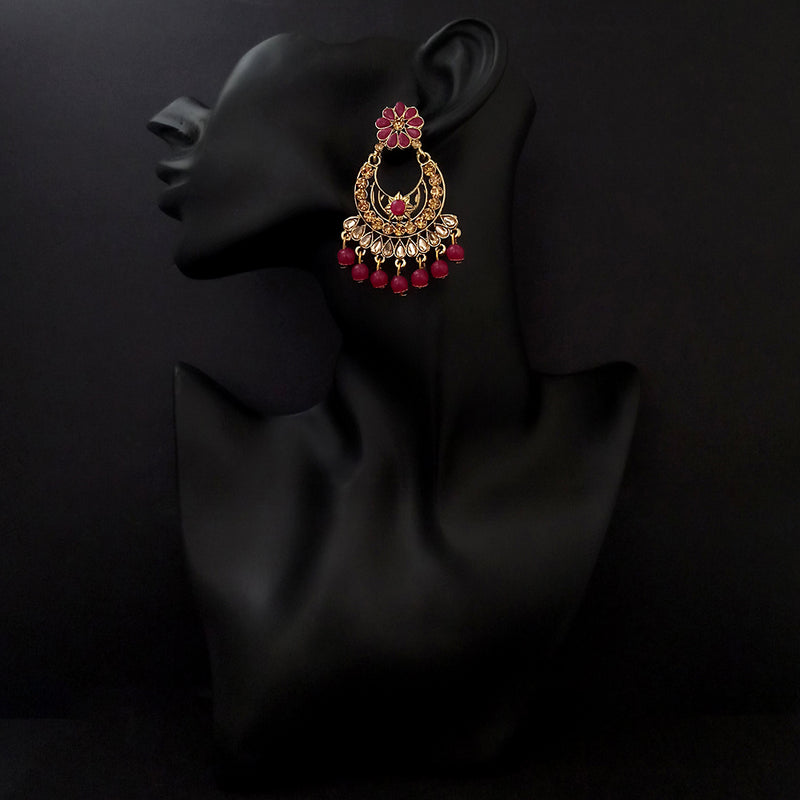 JD Art Gold Plated Pink Kundan Dangler Earrings