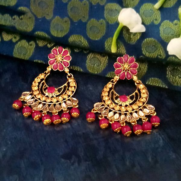 JD Art Gold Plated Pink Kundan Dangler Earrings