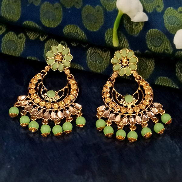 JD Art Gold Plated Green Kundan Dangler Earrings