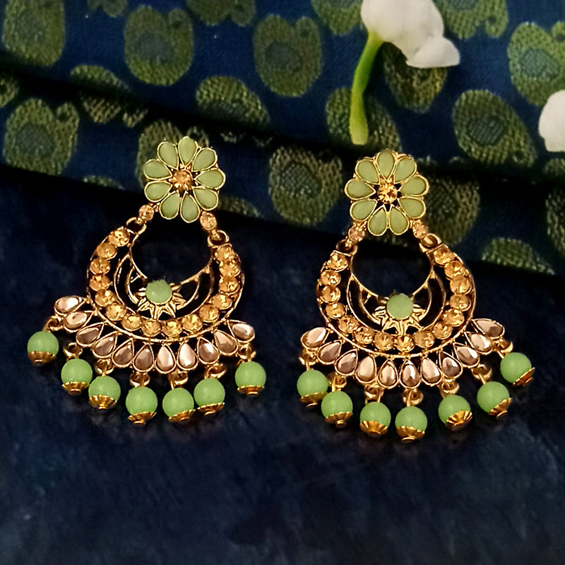 JD Art Gold Plated Green Kundan Dangler Earrings