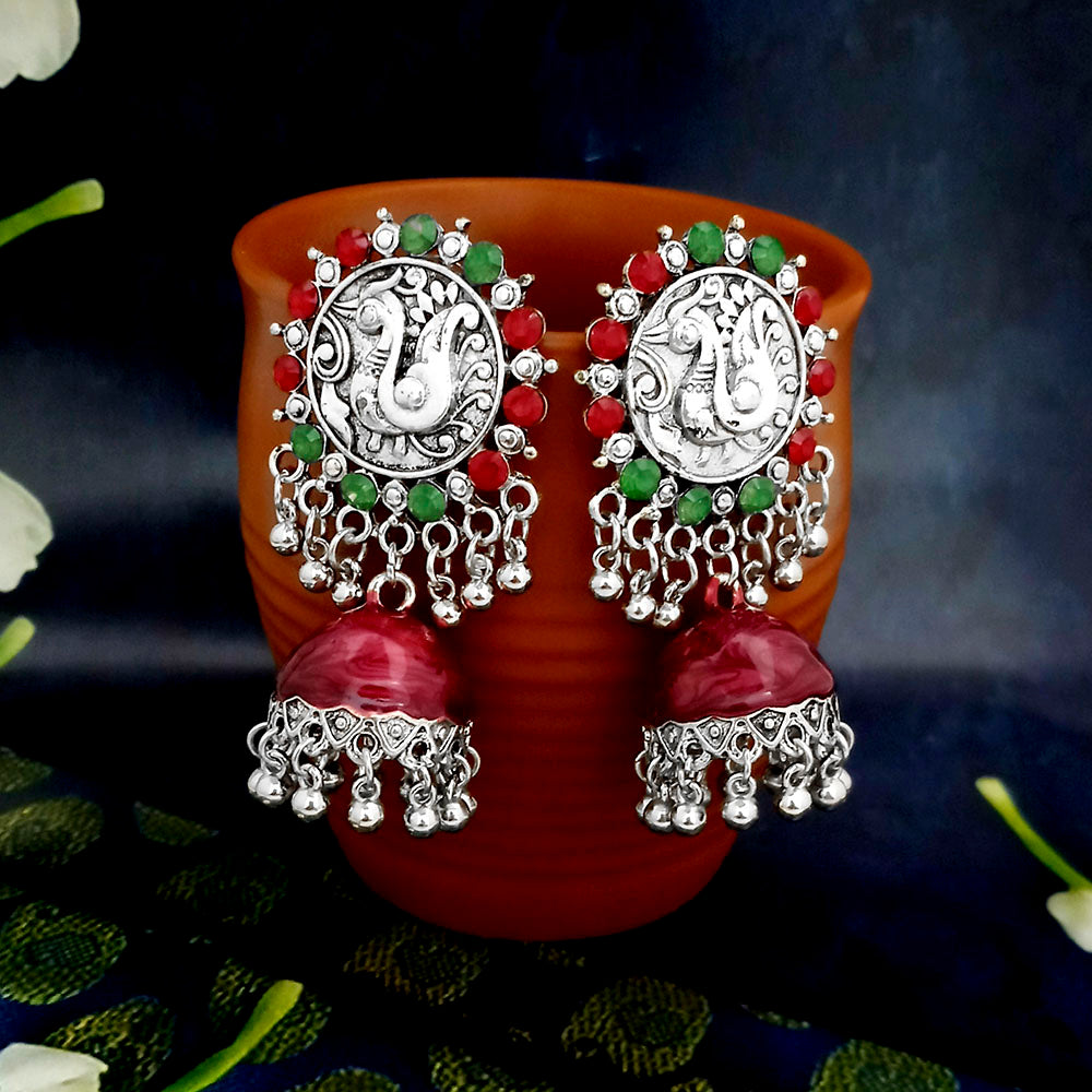 JewelJunk Maroon Oxidized Plated Jhumka