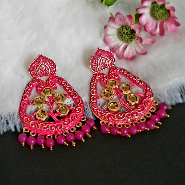 Woma Pink Matte Meenakari Dangler Beads Drop Earrings