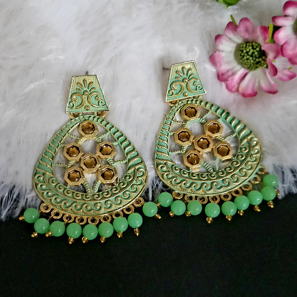 Gold plated Mirror Jhumka Earrings with Mint Green Stones