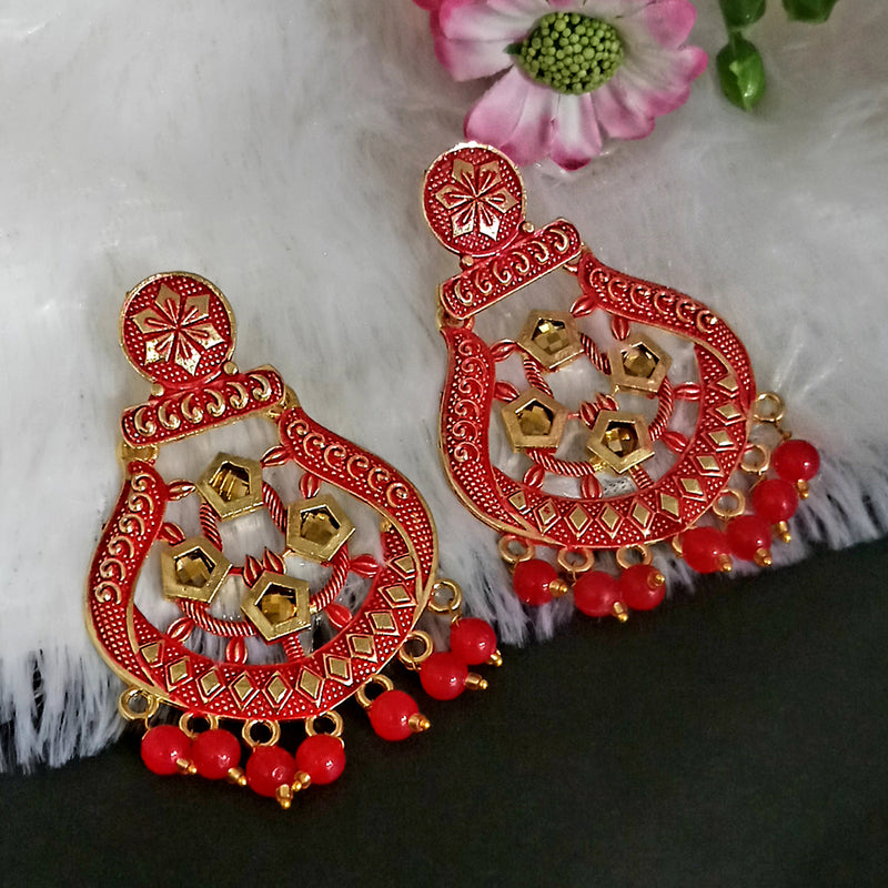 Woma Matte Red Meenakari Dangler Beads Drop Earrings