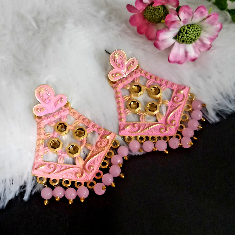 Woma Matte Pink Meenakari Dangler Beads Drop Earrings