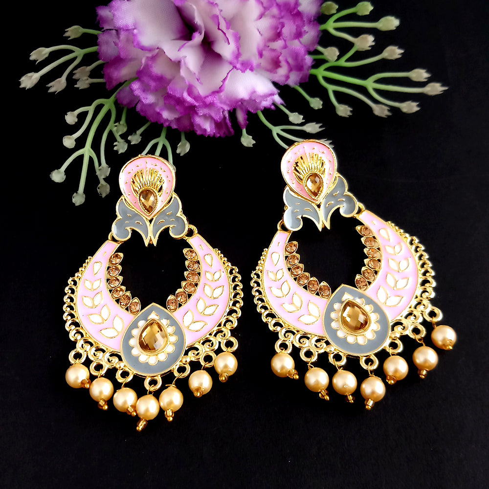 Woma Kundan Pink and Grey Meenakari Dangler Earrings