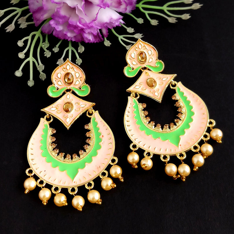 Woma Kundan Green and Peach Meenakari Dangler Earrings