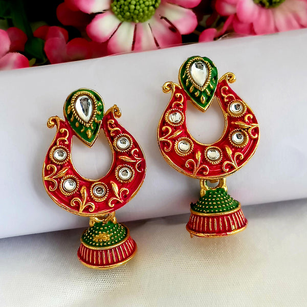 Woma Green and Red Matte Meenakari Jhumki Earrings