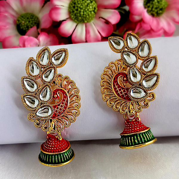 Woma Matte Red Meenakari Peacock Kundan Jhumki Earrings