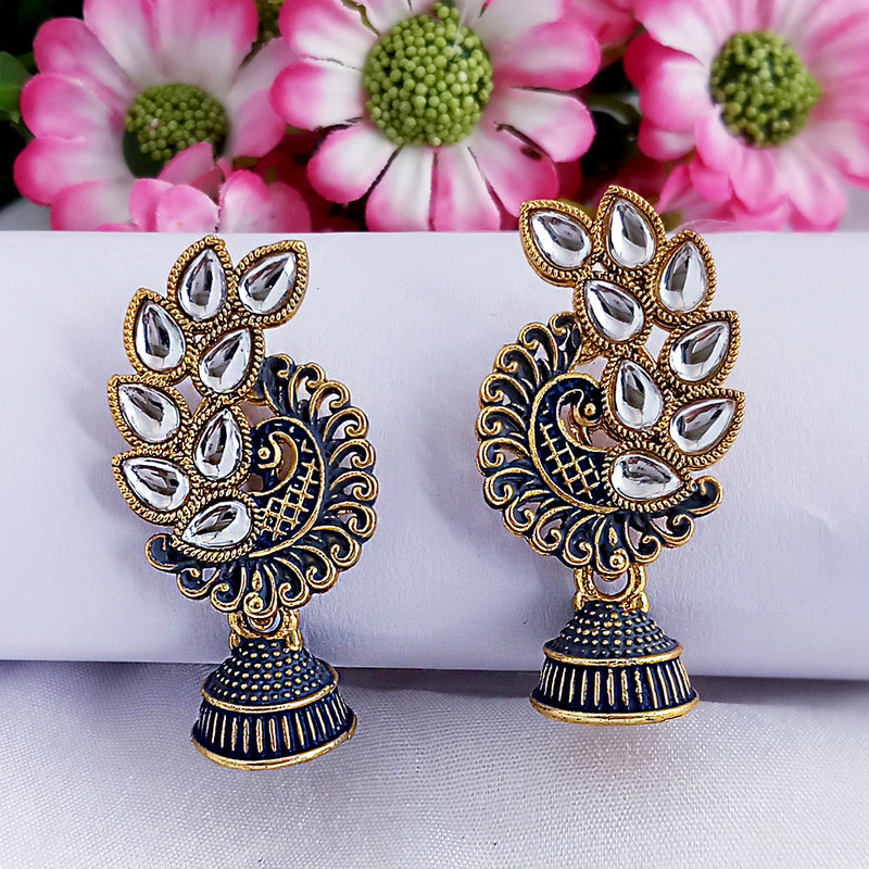 Woma Black Matte Meenakari Peacock Kundan Jhumki Earrings