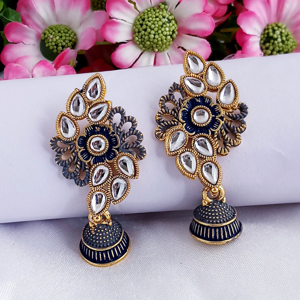 Woma Matte Blue Meenakari Floral Kundan Jhumki Earrings