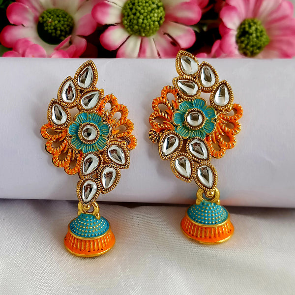 Woma Orange Matte Meenakari Floral Kundan Jhumki Earrings