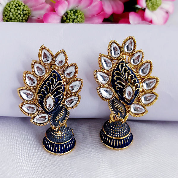 Woma Matte Blue Meenakari Leaf Kundan Jhumki Earrings