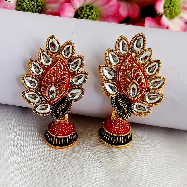 Woma Matte Red Meenakari Leaf Kundan Jhumki Earrings