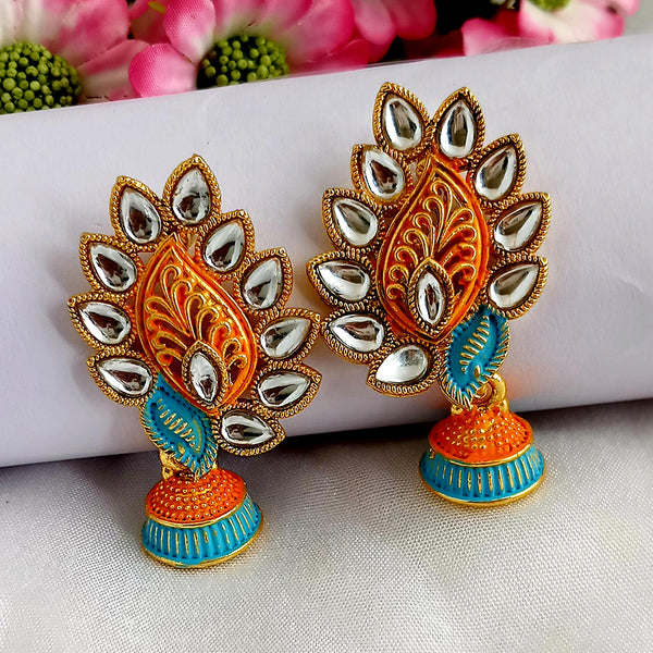 Woma Matte Orange Meenakari Leaf Kundan Jhumki Earrings