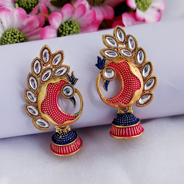 Woma Pink Matte Meenakari Peacock Kundan Jhumki Earrings
