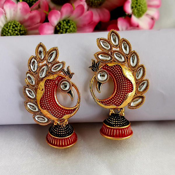 Woma Matte Red Meenakari Peacock Kundan Jhumki Earrings