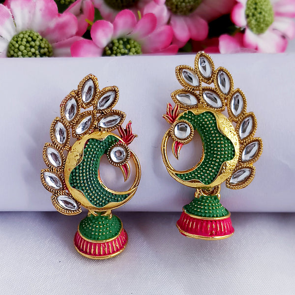 Woma Matte Green Meenakari Peacock Kundan Jhumki Earrings