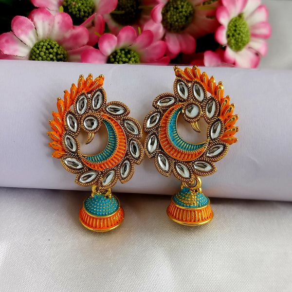 Woma Orange Matte Meenakari Peacock Kundan Jhumki Earrings