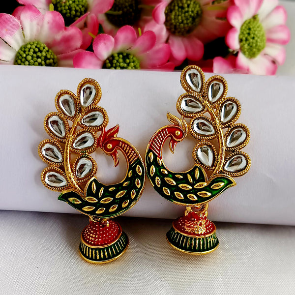 Woma Matte Green Meenakari Peacock Kundan Jhumki Earrings