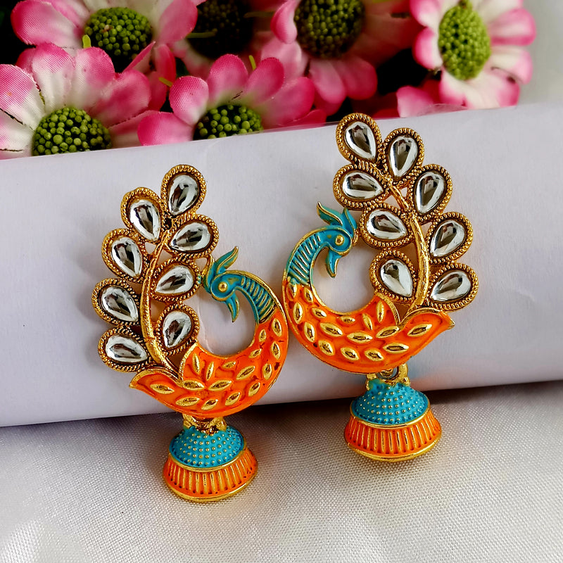 Woma Orange Matte Meenakari Peacock Kundan Jhumki Earrings