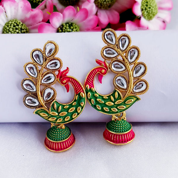 Woma Matte Green Meenakari Peacock Kundan Jhumki Earrings